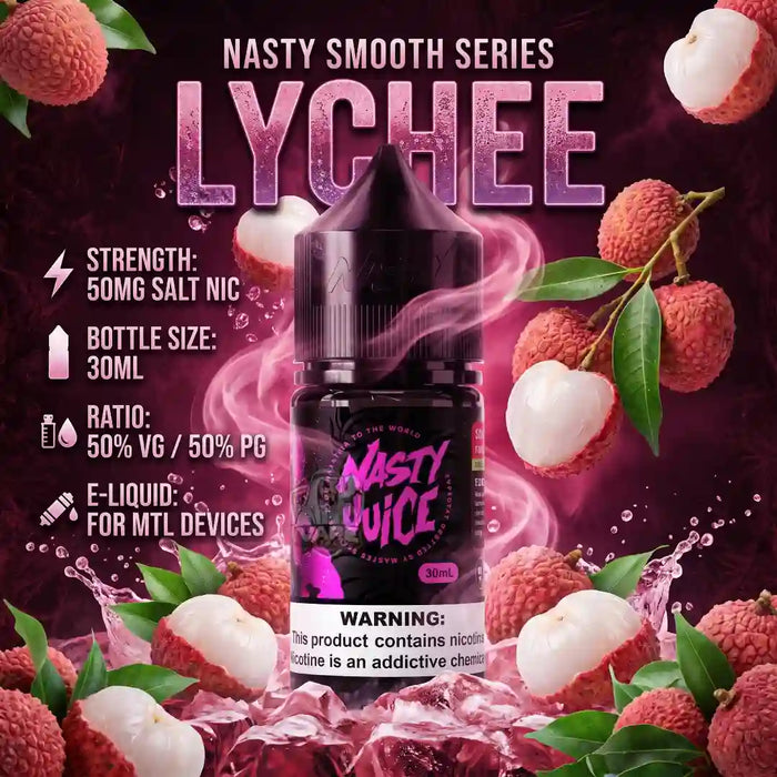 A bottle of Nasty Juice Lychee e-liquid centered on a dark purple promotional graphic with lychee fruit, white lychee halves, leaves, and text listing strength, bottle size, ratio, and device compatibility.
