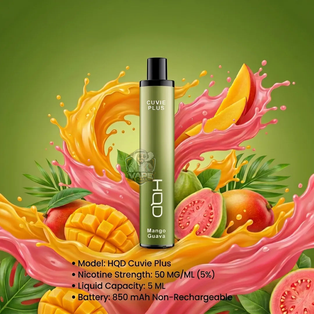 A Cuvie Plus 100 disposable vape device in Mango Guava flavor, set against a vibrant green background with dynamic pink and orange fruit and juice splashes. Product details are listed at the bottom.