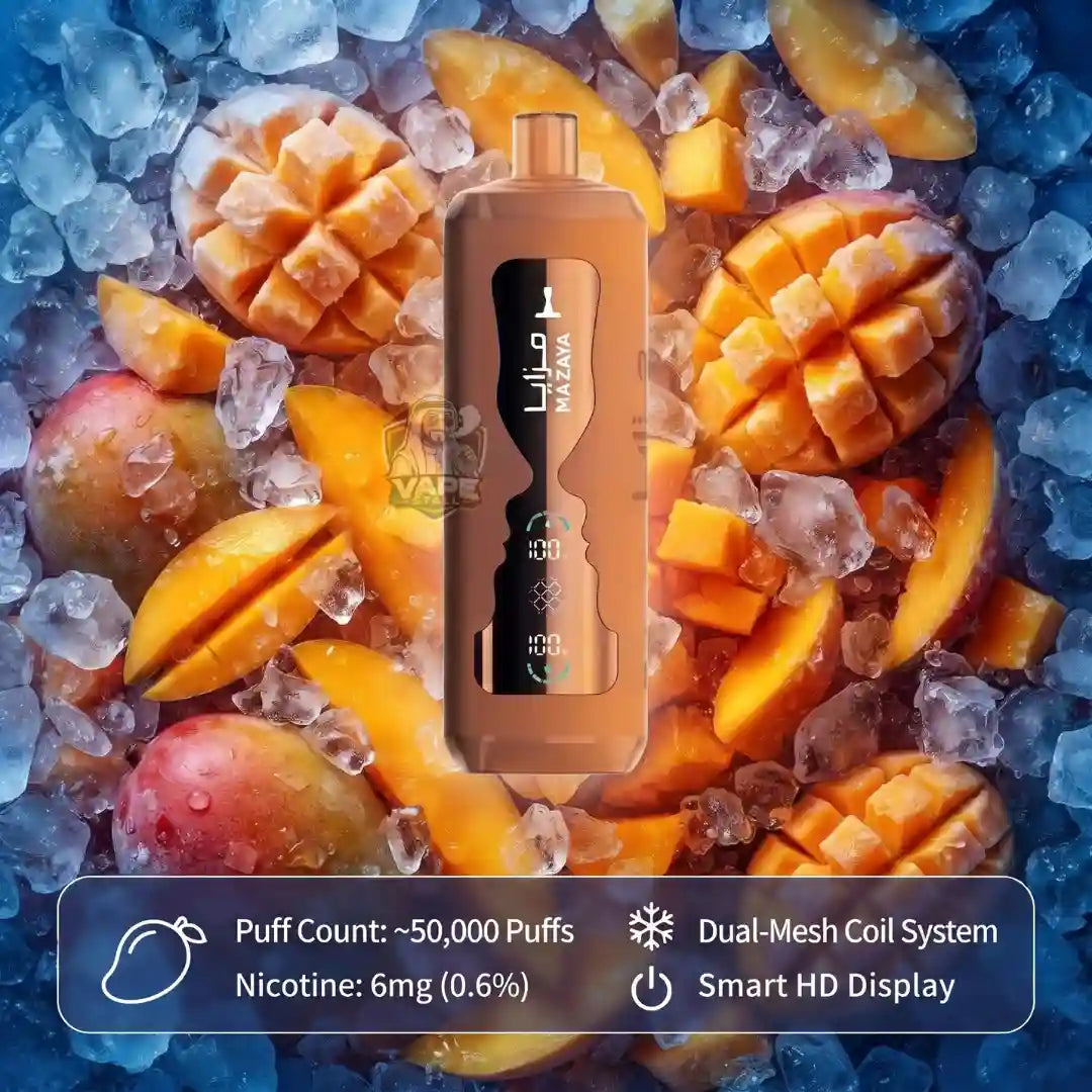 A vape device labeled NAEMU is centered over a styled background of sliced mangoes and ice cubes. The device is metallic copper/bronze with a black front panel showing flavor icons.