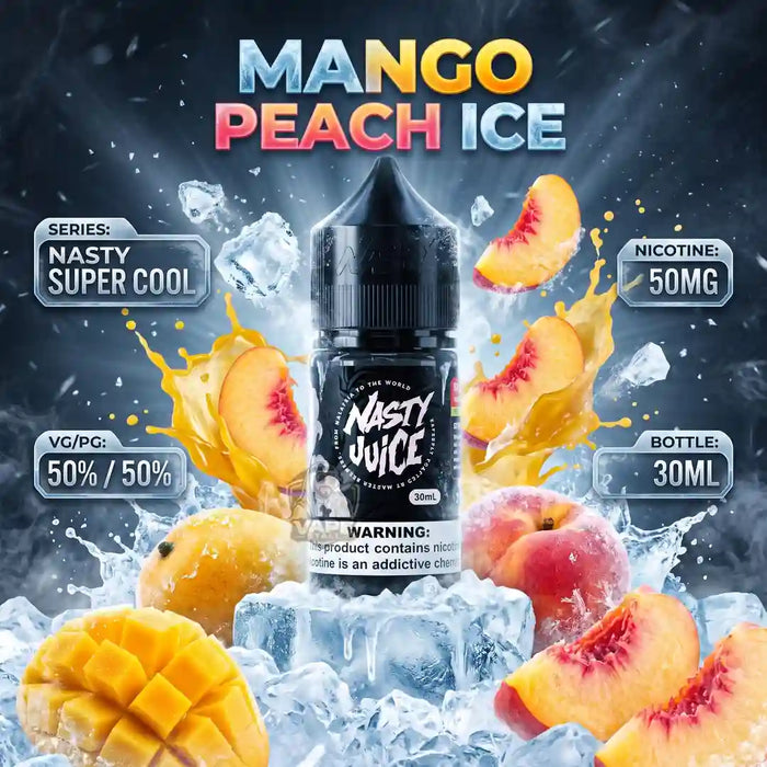 A bottle of Nasty Juice 'Nasty Super Cool' vape liquid in the Mango Peach Ice flavor, surrounded by fresh peaches, sliced mangoes, and ice cubes against a dark, icy background with text detailing the product's features.