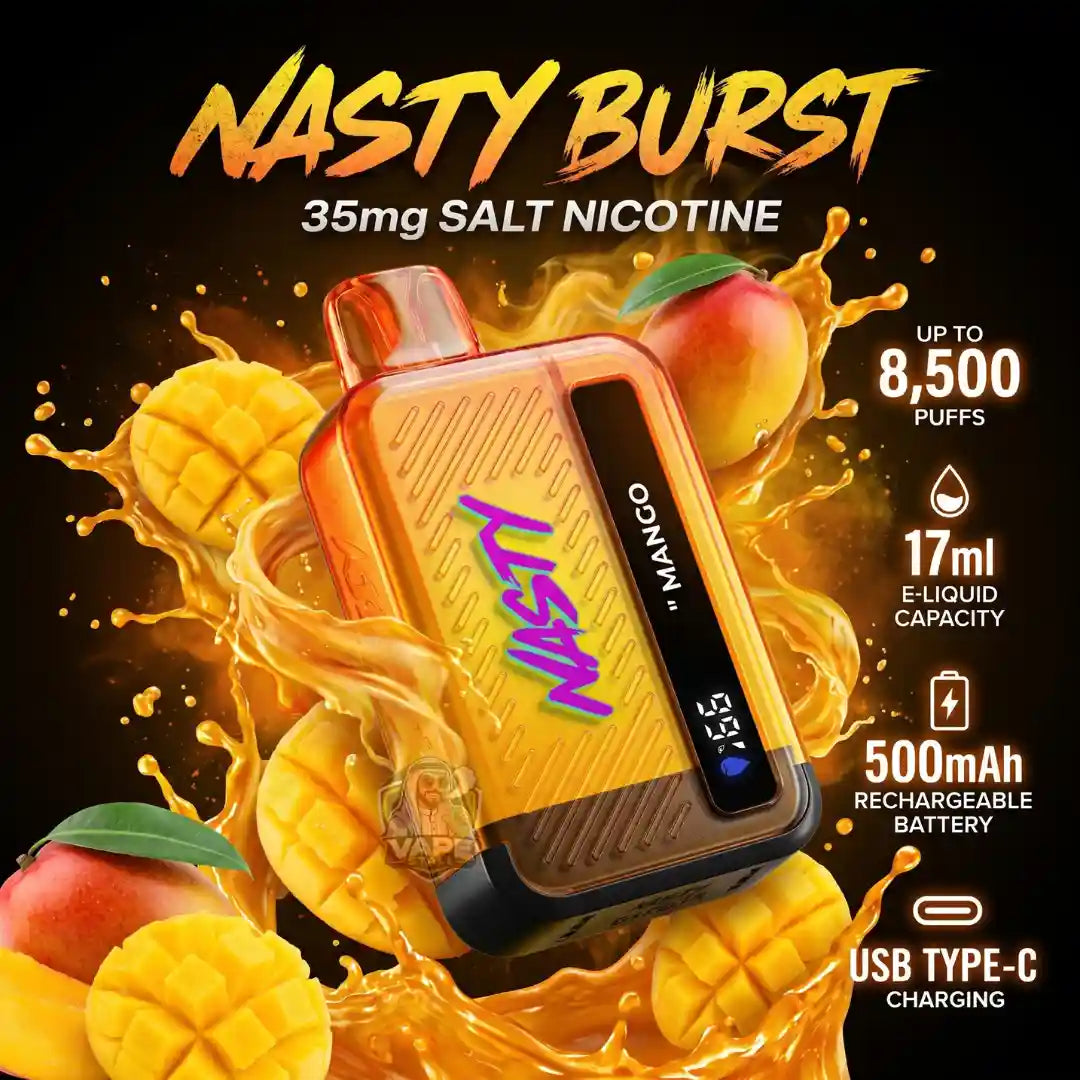 A Nasty Burst disposable vape device in mango flavor, surrounded by mango slices and liquid splash graphics on a black background. The image features promotional text highlighting 35mg salt nicotine, up to 8,500 puffs, 17ml e-liquid capacity, a 500mAh rechargeable battery, and USB Type-C charging.