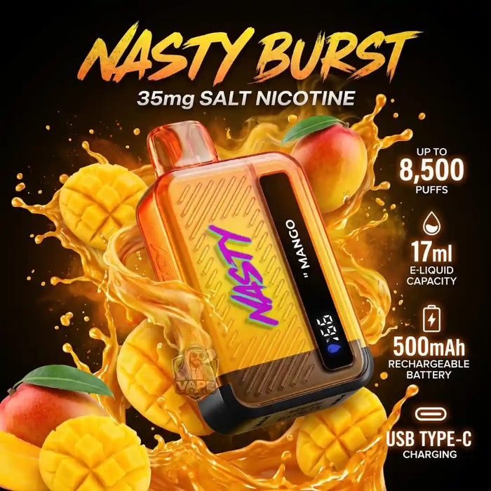A Nasty Burst disposable vape device in mango flavor, surrounded by mango slices and liquid splash graphics on a black background. The image features promotional text highlighting 35mg salt nicotine, up to 8,500 puffs, 17ml e-liquid capacity, a 500mAh rechargeable battery, and USB Type-C charging.