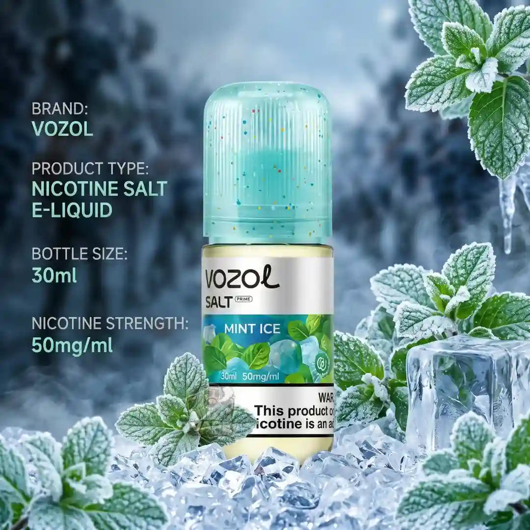 A bottle of Vozol Salt Mint Ice nicotine salt e-liquid stands in a styled icy setting with mint leaves and ice cubes. Text on the left lists the brand as Vozol, product type as Nicotine Salt E-Liquid, bottle size as 30ml, and nicotine strength as 50mg/ml.
