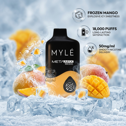 Mylemetamax18000puffs50mgFrozenMango, MYLE META MAX 18000 vape device with frozen mango flavor on a icy background