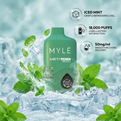 Mylemetamax18000puffs50mgIcedMint, Myle vape device with mint leaves and ice cubes on a light blue background