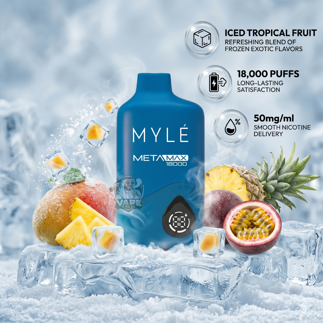Mylemetamax18000puffs50mgIcedTropicalFruit, Myle MetaMax 18000 vape device with tropical fruit elements and ice cubes on a cold-themed background.
