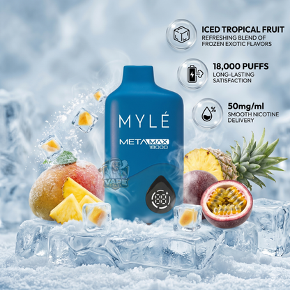 Mylemetamax18000puffs50mgIcedTropicalFruit, Myle MetaMax 18000 vape device with tropical fruit elements and ice cubes on a cold-themed background.