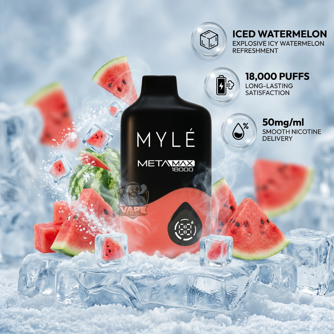 Mylemetamax18000puffs50mgIcedWatermelon, MYLE META MAX vape device with watermelon flavor on a icy background