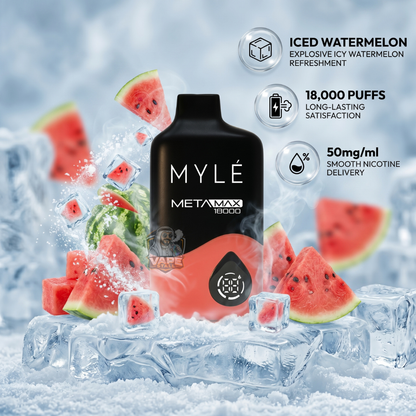 Mylemetamax18000puffs50mgIcedWatermelon, MYLE META MAX vape device with watermelon flavor on a icy background