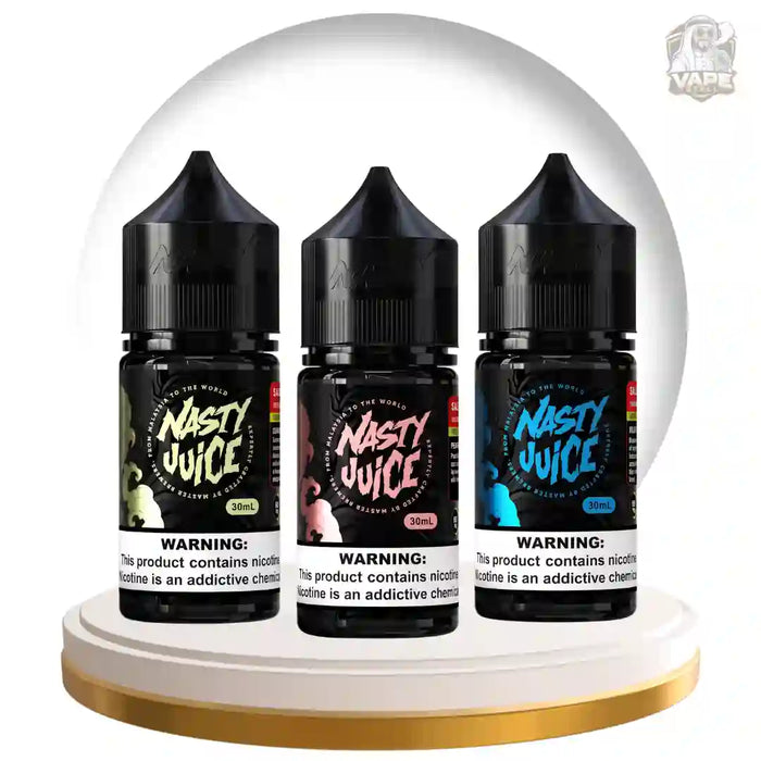 Three bottles of Nasty Juice e-liquid displayed on a white circular pedestal with a gold base. The bottles are black with white labels and feature different flavor graphics: green for 10ml, pink for 20ml, and blue for 40ml.