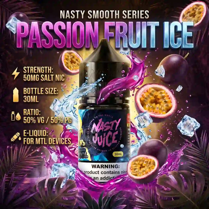 A bottle of Nasty Juice Passion Fruit Ice e-liquid centered on a highly stylized promotional graphic. The bottle has a black cap and a dark blue label with the Nasty Juice logo.