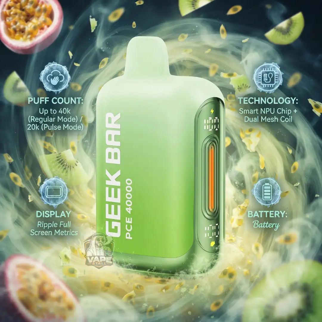 A Geek Bar PCE 4000 disposable vape device in mint green and translucent light green, shown against a dark background with floating fruit slices and text callouts about puff count, technology, display, and battery.