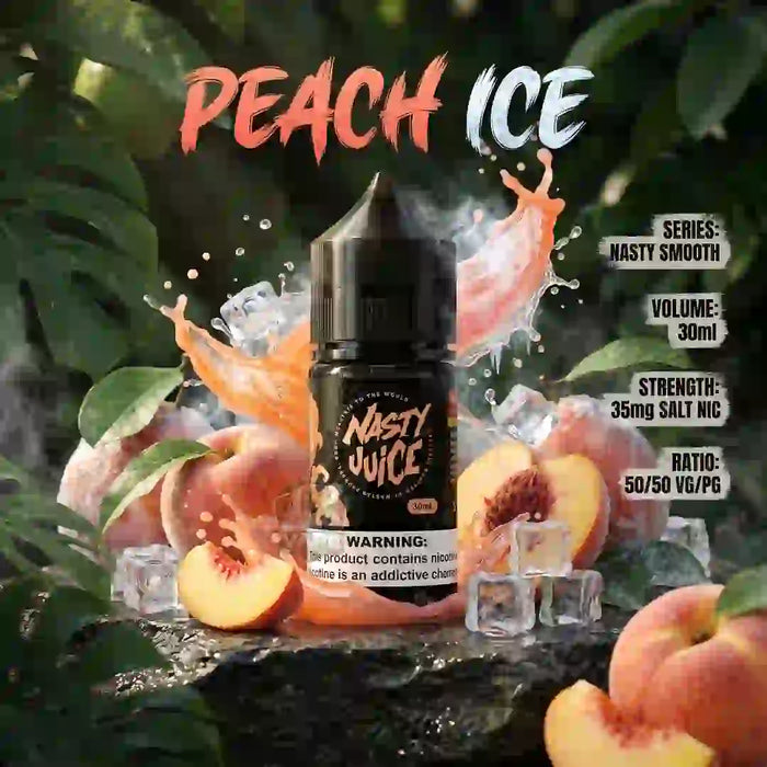 A bottle of Nasty Juice Peach Ice e-liquid centered against a tropical background of peaches, green leaves, ice cubes, and steam. Text on the right lists series, volume, strength, and ratio.