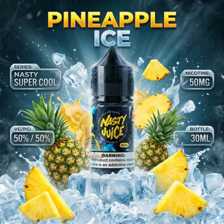 A 30ml bottle of Nasty Juice e-liquid in the 'Pineapple Ice' flavor, presented in a dynamic graphic design with ice, water splashes, and fresh pineapples. The bottle features a black label with yellow and white text.