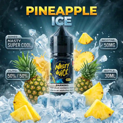 A 30ml bottle of Nasty Juice e-liquid in the 'Pineapple Ice' flavor, presented in a dynamic graphic design with ice, water splashes, and fresh pineapples. The bottle features a black label with yellow and white text.
