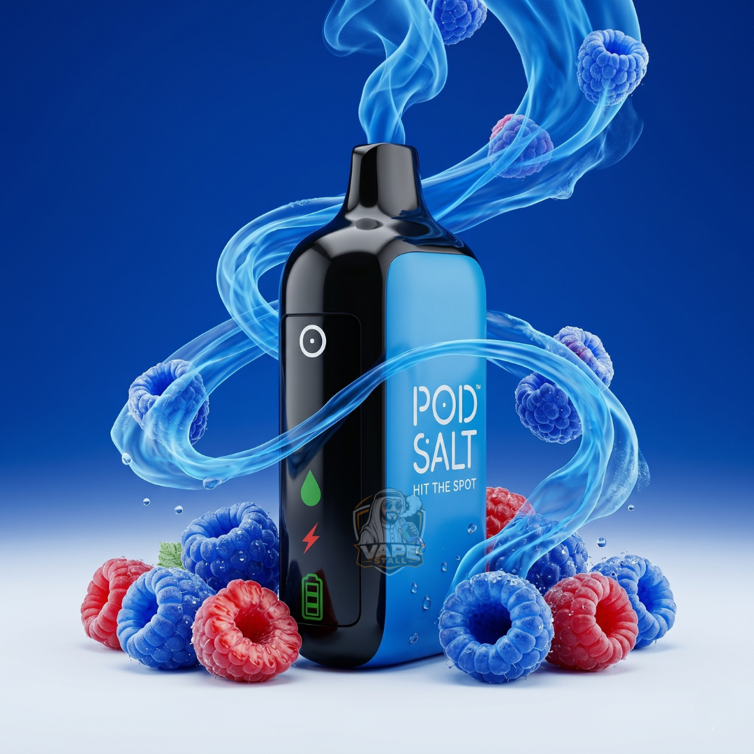 PodSalt35000Puffs20MGDisposableVapeBlueRaspberry, Vape device with blue and red berries on a blue background