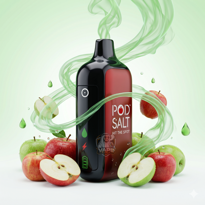 PodSalt35000Puffs20MGDisposableVapeDoubleApple, Vape device with 'POD SALT' branding surrounded by apples on a light green background