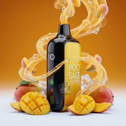 PodSalt35000Puffs20MGDisposableVapeMangoIce, Vape pod with mangoes and ice cubes on a gradient background