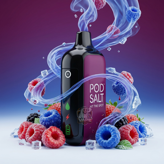 PodSalt35000Puffs20MGDisposableVapeMixedBerries, Vape device with 'POD SALT' branding surrounded by berries and ice on a gradient background