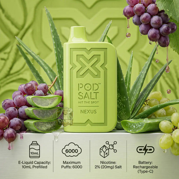 A lime green POD SALT Nexus e-liquid bottle is centered on a white surface, surrounded by fresh aloe vera leaves and grape clusters. The background is a matching lime green with a subtle geometric pattern.