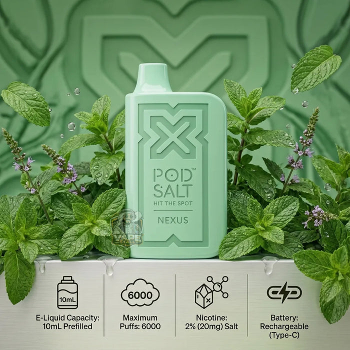 A mint green POD SALT e-liquid bottle by Nexus is displayed in a styled flat-lay arrangement with fresh green mint leaves and small purple flowers. The background is a matching green patterned wall, and the bottom of the image features a white strip with product specifications and icons.