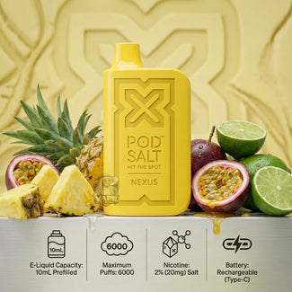 Yellow POD SALT Nexus e-liquid bottle displayed with pineapple, passion fruit, and lime slices on a metallic surface, with product specs shown along the bottom.