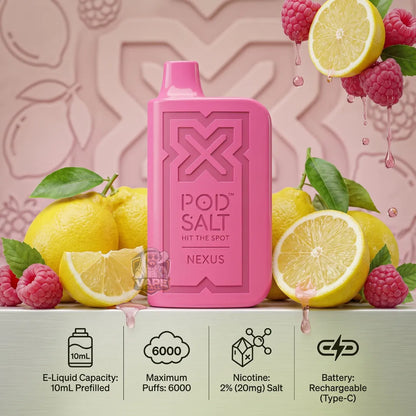 Pink POD SALT Hit The Spot Nexus e-liquid bottle centered on a light gray surface, surrounded by lemons, raspberries, and green leaves. The background is a soft pink with embossed leaf patterns, and feature icons at the bottom detailing product specs: 10mL e-liquid capacity, 6000 puffs, 2% nicotine salt, and rechargeable battery.