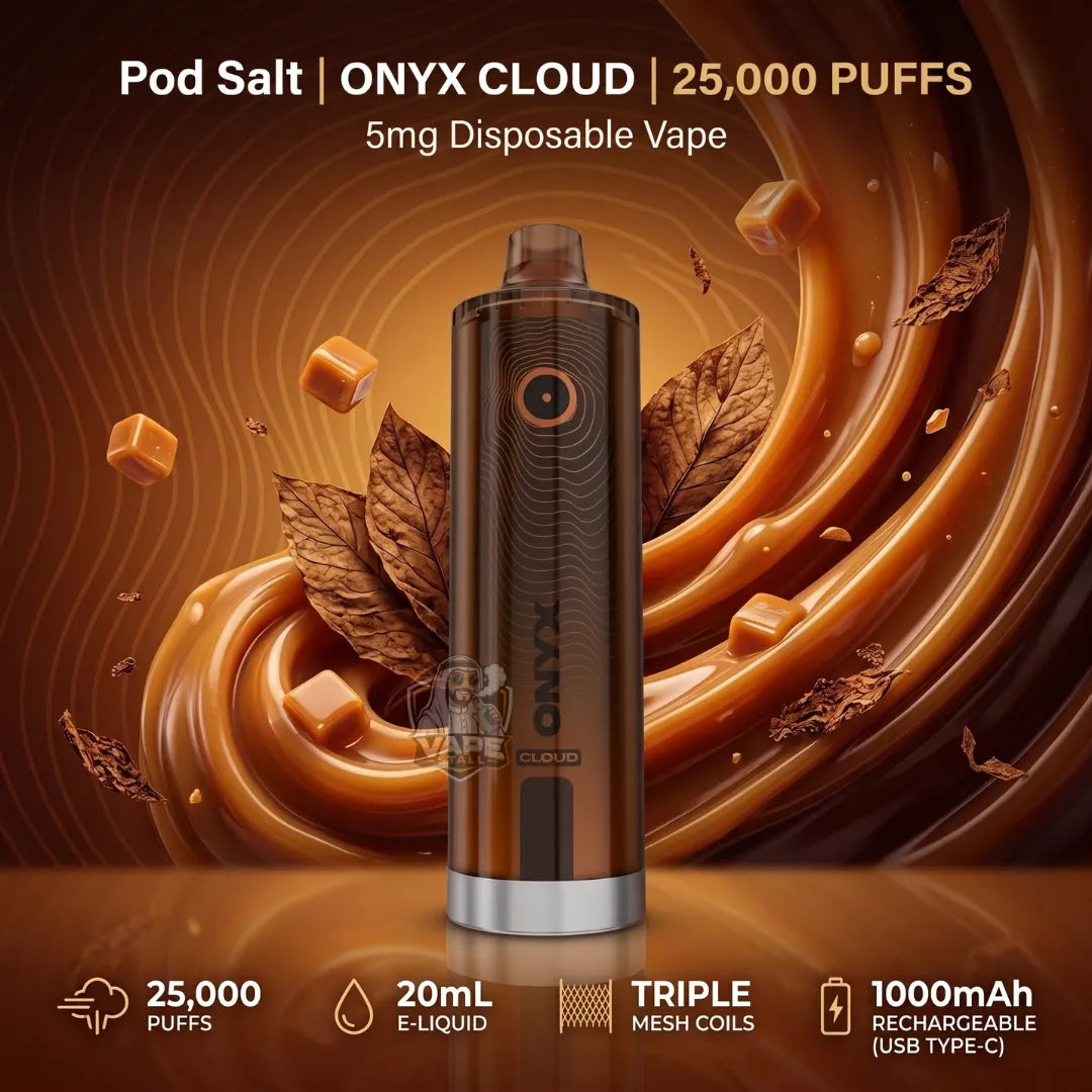 A brown ONYX CLOUD disposable vape device centered on a glossy brown graphic background with caramel swirls, leaves, and candy cubes. Text at the top reads 'Pod Salt | ONYX CLOUD | 25,000 PUFFS' and '5mg Disposable Vape,' with feature icons and text along the bottom.
