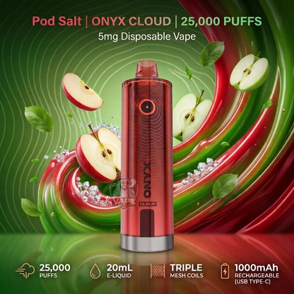A red Onyx Cloud disposable vape device is centered against a vibrant green and red graphic background with floating apple slices, mint leaves, and text reading 'Pod Salt | ONYX CLOUD | 25,000 PUFFS | 5mg Disposable Vape'. Feature icons at the bottom mention 25,000 puffs, 20mL e-liquid, triple mesh coils, and 1000mAh battery.