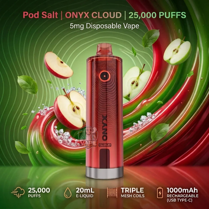 A red Onyx Cloud disposable vape device is centered against a vibrant green and red graphic background with floating apple slices, mint leaves, and text reading 'Pod Salt | ONYX CLOUD | 25,000 PUFFS | 5mg Disposable Vape'. Feature icons at the bottom mention 25,000 puffs, 20mL e-liquid, triple mesh coils, and 1000mAh battery.