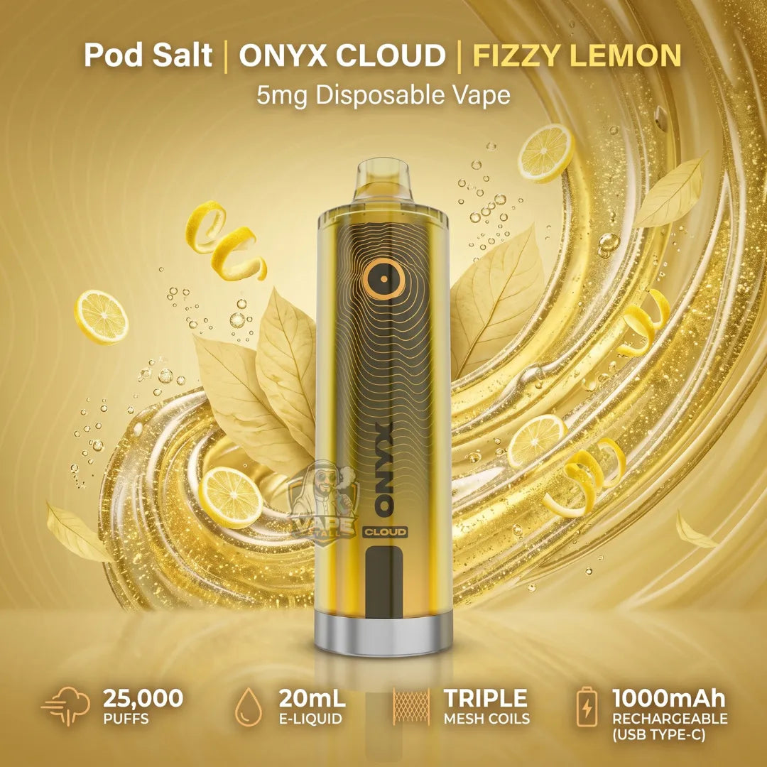 A gold and black ONYX CLOUD disposable vape device centered on a golden promotional background with lemon slices, leaves, bubbles, and text reading 'Pod Salt | ONYX CLOUD | FIZZY LEMON' and feature callouts at the bottom.