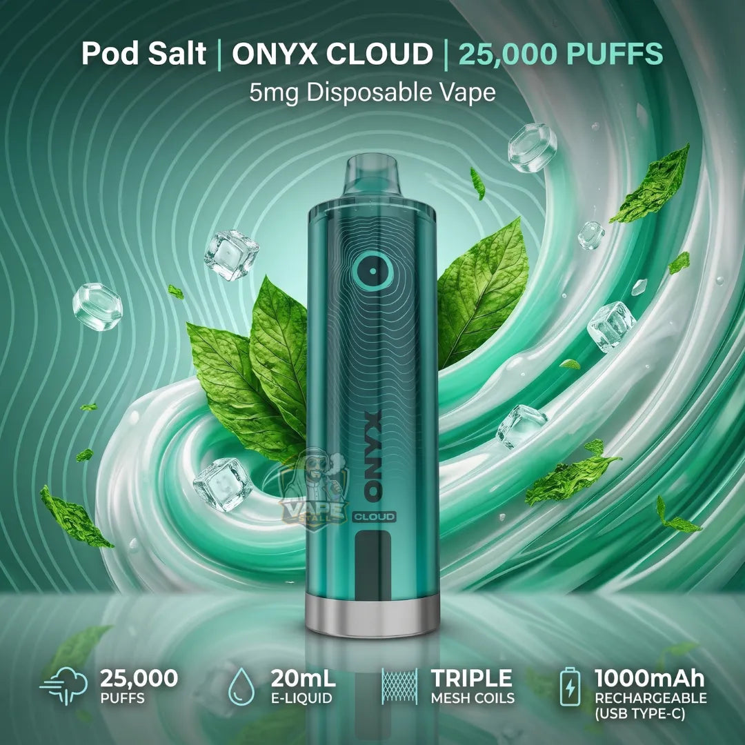 A teal and silver ONYX CLOUD disposable vape device centered on a stylized green and white swirling background with floating mint leaves and ice cubes. Text at the top reads 'Pod Salt | ONYX CLOUD | 25,000 PUFFS' and '5mg Disposable Vape,' with feature icons along the bottom.