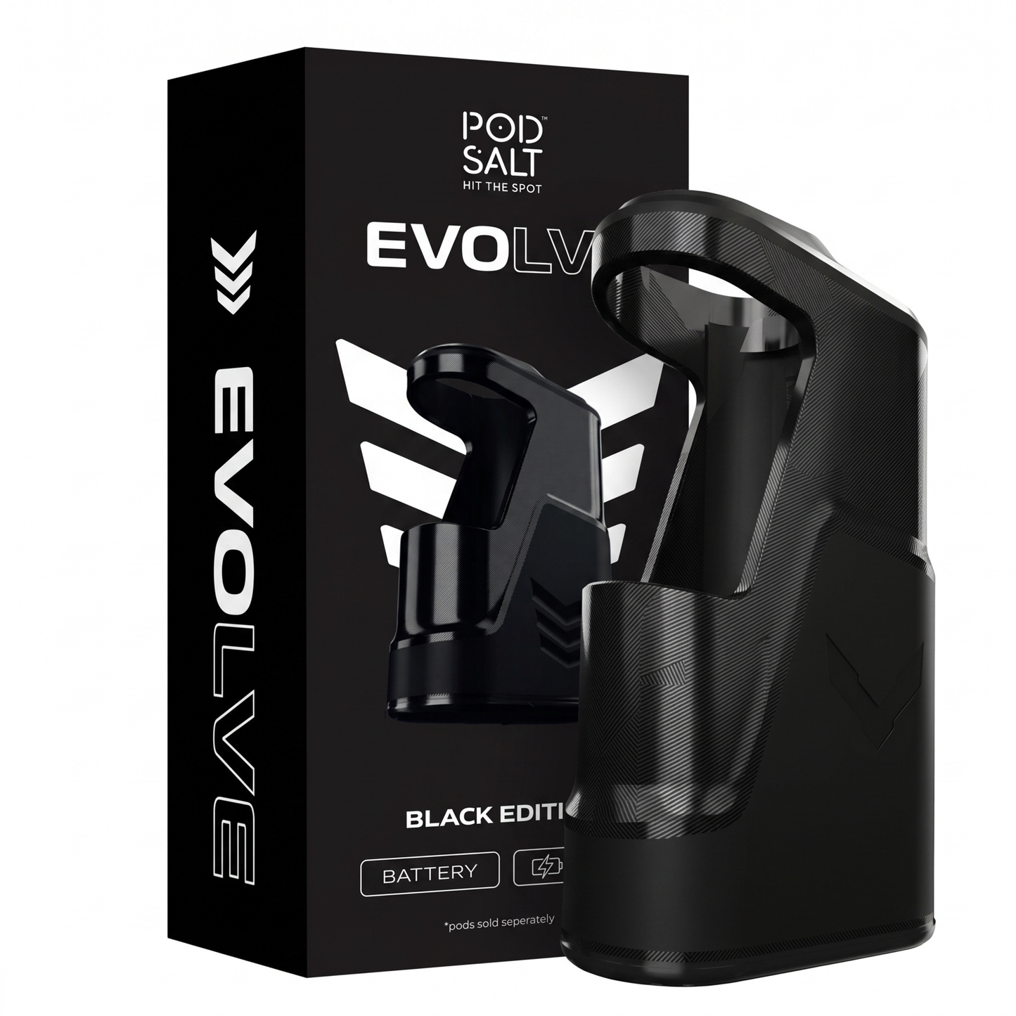 A black Pod Salt Evolve disposable vape device standing next to its black retail packaging box on a plain white background.