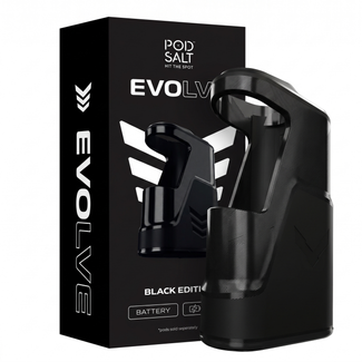 A black Pod Salt Evolve disposable vape device standing next to its black retail packaging box on a plain white background.