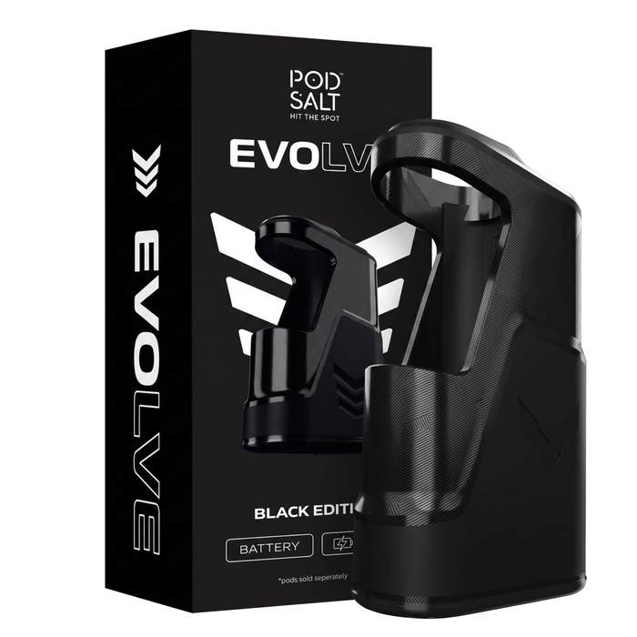 A black Pod Salt Evolve disposable vape device standing next to its black retail packaging box on a plain white background.