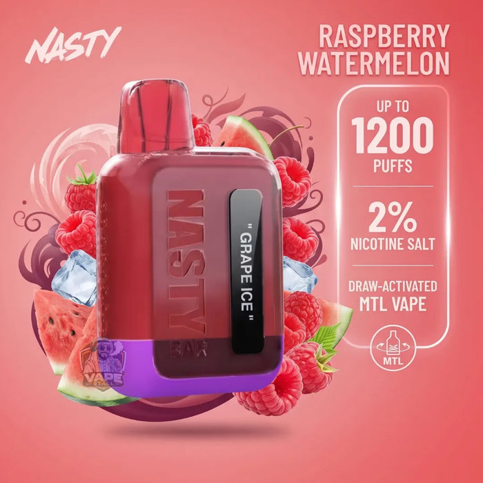 Nasty Grape Ice disposable vape in Raspberry Watermelon flavor, shown with watermelon slices, raspberries, and ice graphics on a pink background with product details text.