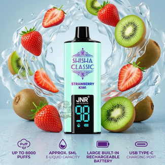 A JNR Shisha Classic Strawberry Kiwi e-liquid bottle with a digital display, surrounded by fresh strawberries and kiwi slices with water splashes, on a light blue background with feature icons at the bottom.