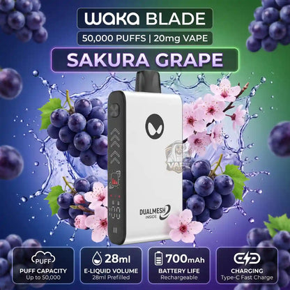 A promotional product graphic for a Wokq Blade disposable vape in the Sakura Grape flavor. The vape device itself is white with a black side panel and a black mouthpiece.