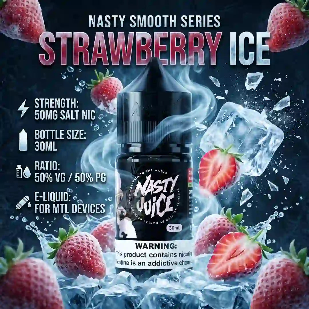 A bottle of Nasty Juice Strawberry Ice e-liquid centered on a dark, icy promotional background with strawberries, ice cubes, and text listing strength, bottle size, ratio, and device compatibility.