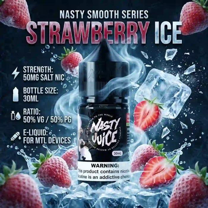 A bottle of Nasty Juice Strawberry Ice e-liquid centered on a dark, icy promotional background with strawberries, ice cubes, and text listing strength, bottle size, ratio, and device compatibility.