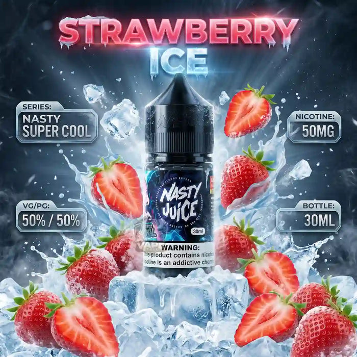 A bottle of Nasty Juice Strawberry Ice e-liquid centered over a splash of ice and fresh strawberries, with text showing series, nicotine 50MG, VC/PG 50/50, and bottle 30ML.