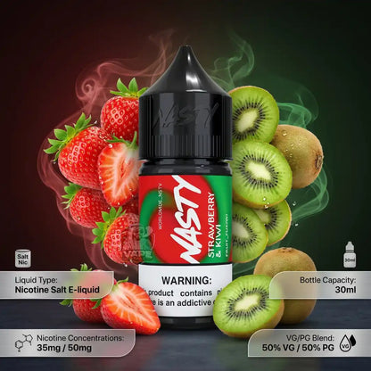 A bottle of Nasty 3 Strawberry & Kiwi e-liquid centered against a dark gradient background, surrounded by illustrated strawberries, kiwi slices, and kiwi fruit with smoke effects. Text overlays indicate nicotine salt liquid, 30ml bottle capacity, 35mg/50mg nicotine concentration, and 50% VG / 50% PG blend.