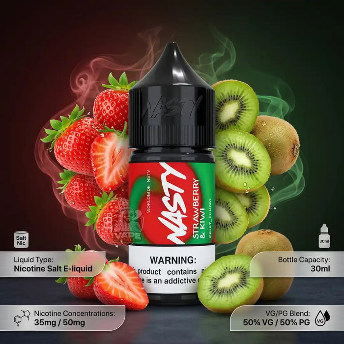 A bottle of Nasty 3 Strawberry & Kiwi e-liquid centered against a dark gradient background, surrounded by illustrated strawberries, kiwi slices, and kiwi fruit with smoke effects. Text overlays indicate nicotine salt liquid, 30ml bottle capacity, 35mg/50mg nicotine concentration, and 50% VG / 50% PG blend.
