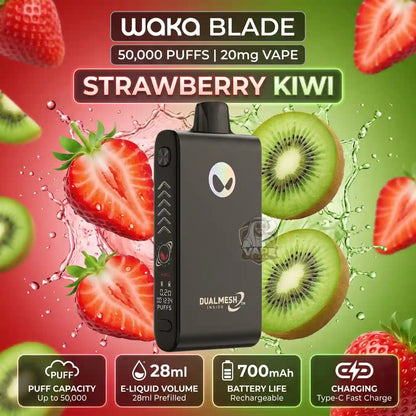 Wokq Blade disposable vape device in Strawberry Kiwi flavor, shown against a vibrant red and green background with floating strawberries and kiwi slices. The image features text overlays detailing product specs like 50,000 puffs, 20mg vape, 28ml volume, 700mAh battery, and dual mesh technology.