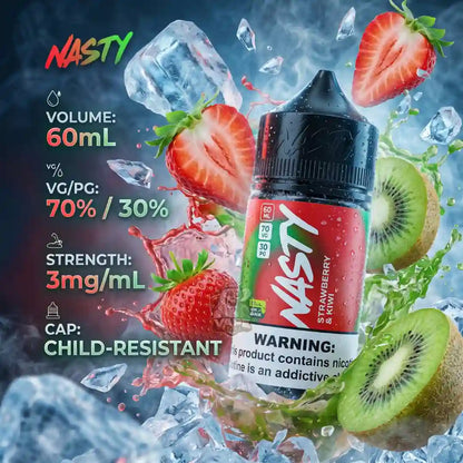 A bottle of NASTY e-liquid centered on a dynamic splash graphic with strawberries, kiwi slices, ice cubes, and text showing volume 60mL, VG/PC 70%/30%, strength 3mg/mL, and child-resistant cap.