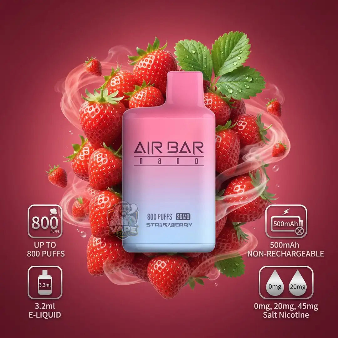 A pink and light blue AIR BAR Nano disposable vape device in the Strawberry flavor, surrounded by fresh red strawberries and green leaves on a dark pink background with feature callouts.
