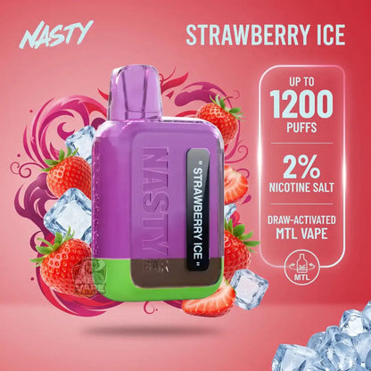 A NASTY Strawberry Ice draw-activated MTL vape device in purple and green, surrounded by fresh strawberries, ice cubes, and pink graphic swirls on a pink background. Text on the right highlights up to 1200 puffs, 2% nicotine salt, and MTL branding.