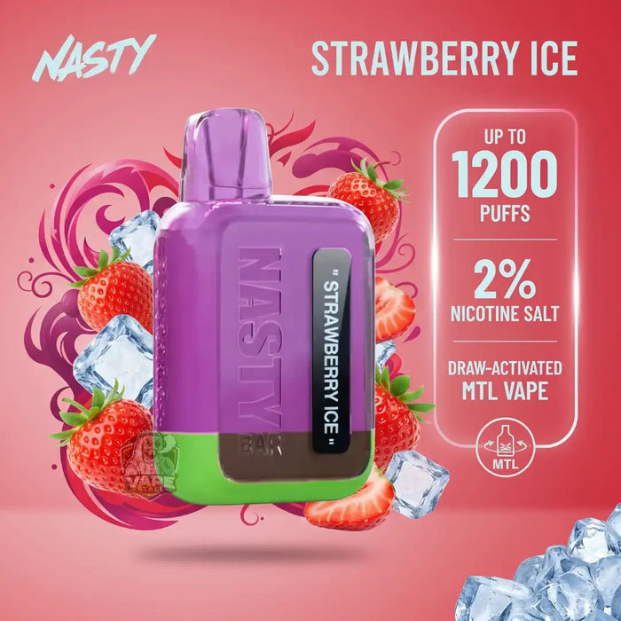 A NASTY Strawberry Ice draw-activated MTL vape device in purple and green, surrounded by fresh strawberries, ice cubes, and pink graphic swirls on a pink background. Text on the right highlights up to 1200 puffs, 2% nicotine salt, and MTL branding.