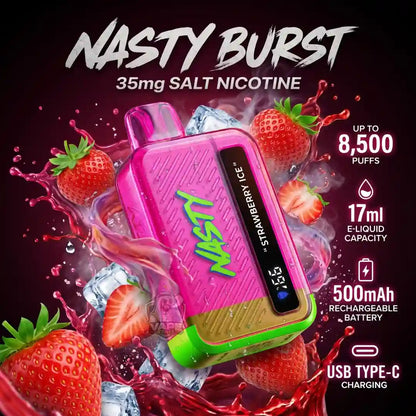A pink and green Nasty Salt Nicotine vape device with a digital screen, surrounded by strawberries, ice cubes, and red liquid splashes on a dark background. Text overlays highlight features like 35mg salt nicotine, up to 8,500 puffs, 17ml e-liquid capacity, 500mAh battery, and USB Type-C charging.