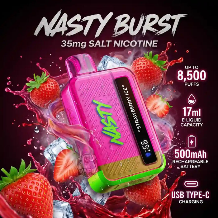 A pink and green Nasty Salt Nicotine vape device with a digital screen, surrounded by strawberries, ice cubes, and red liquid splashes on a dark background. Text overlays highlight features like 35mg salt nicotine, up to 8,500 puffs, 17ml e-liquid capacity, 500mAh battery, and USB Type-C charging.
